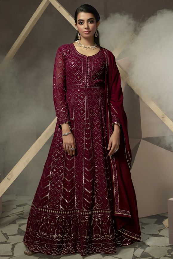 Maroon color designer gown for reception buy online  Joshindia