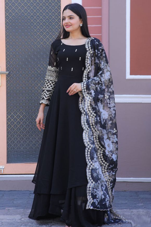 Buy Party Wear Black Thread Work Georgette Gown With Dupatta Online From  Surat Wholesale Shop
